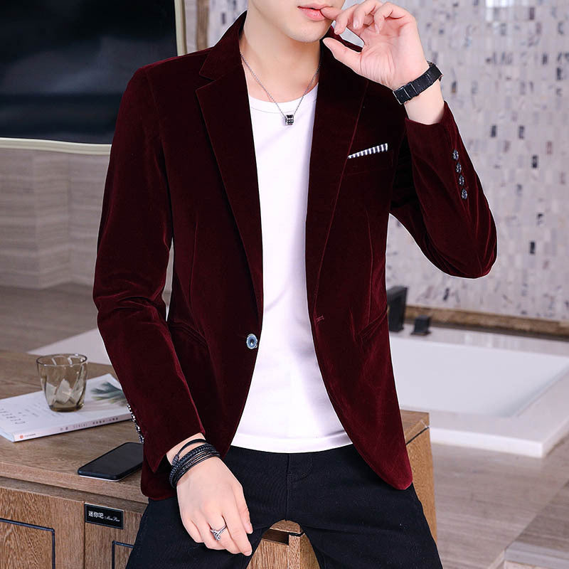 Men’s Slim Fit Corduroy Suit - Stylish Comfortable Formal Wear in a rich burgundy color.