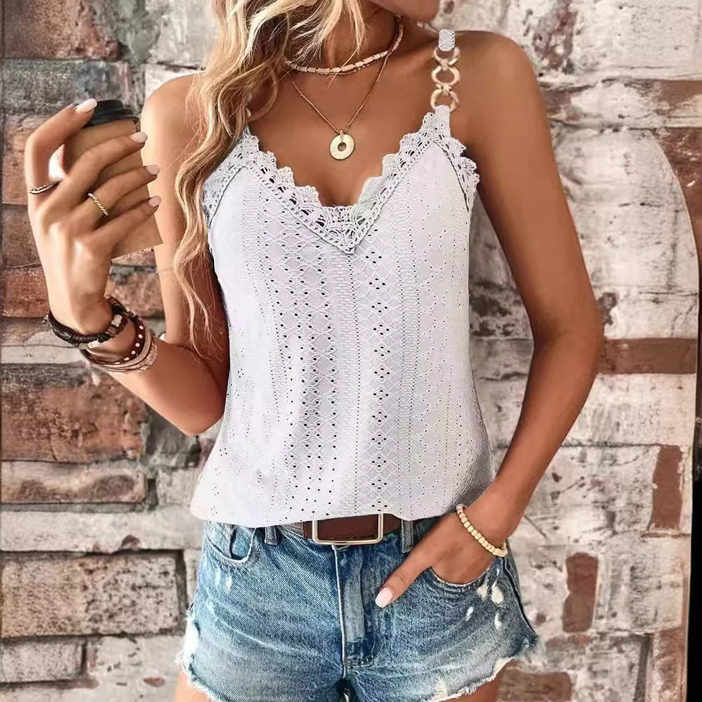 Solid Hollow Lace T-shirt Vest