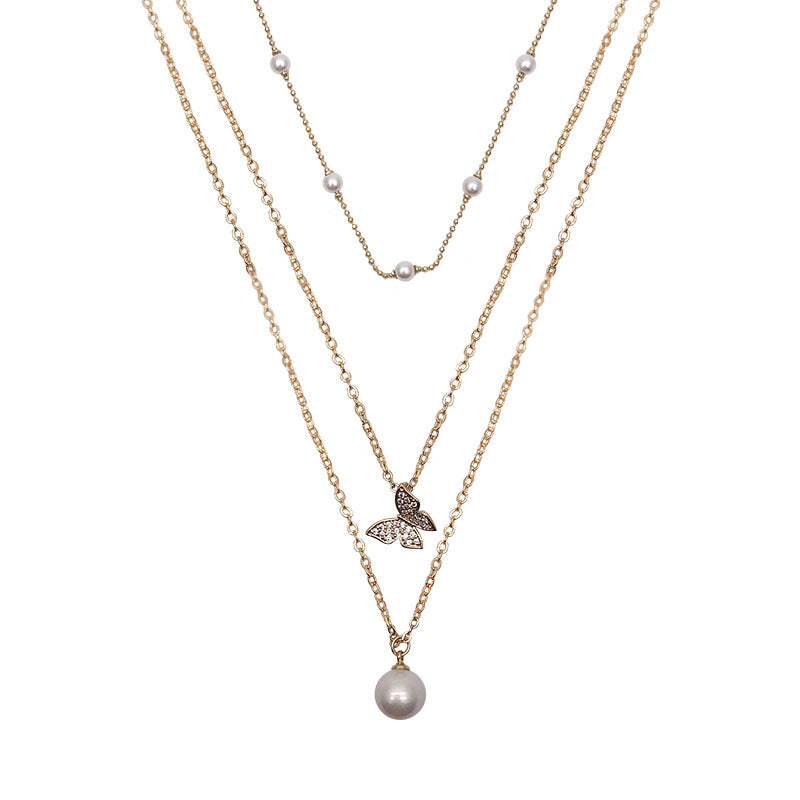 Multi-layered butterfly pearl necklace
