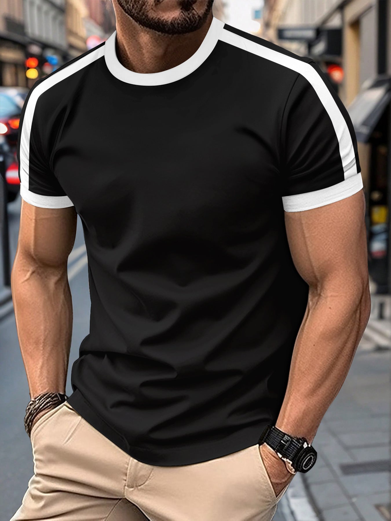 Mens Casual Short-sleeve Sports T-shirt displayed on a man in a casual outdoor setting.