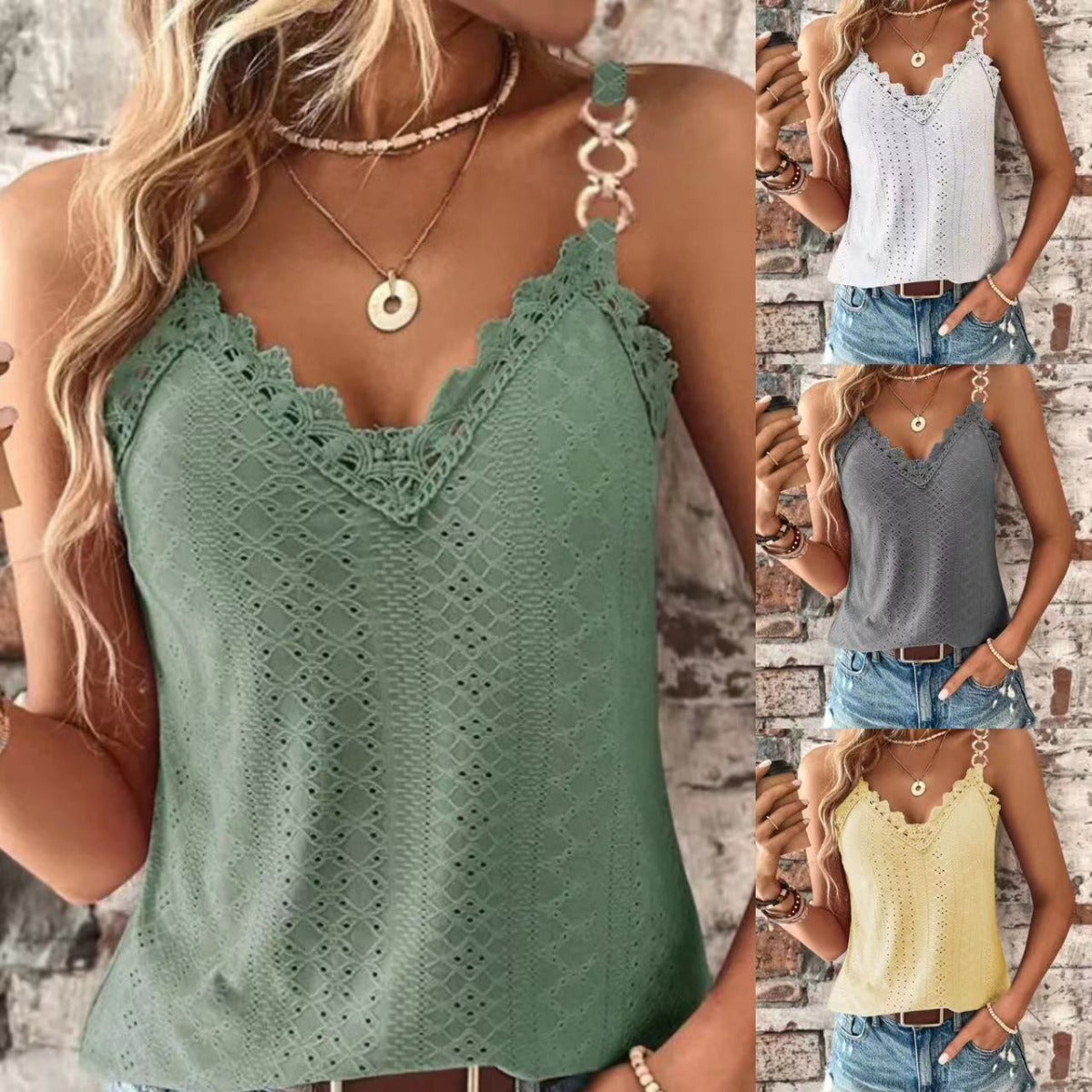 Solid Hollow Lace T-shirt Vest