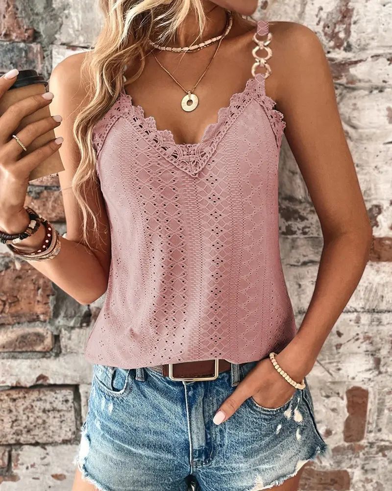 Solid Hollow Lace T-shirt Vest