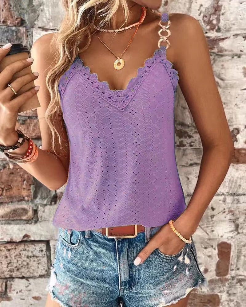 Solid Hollow Lace T-shirt Vest