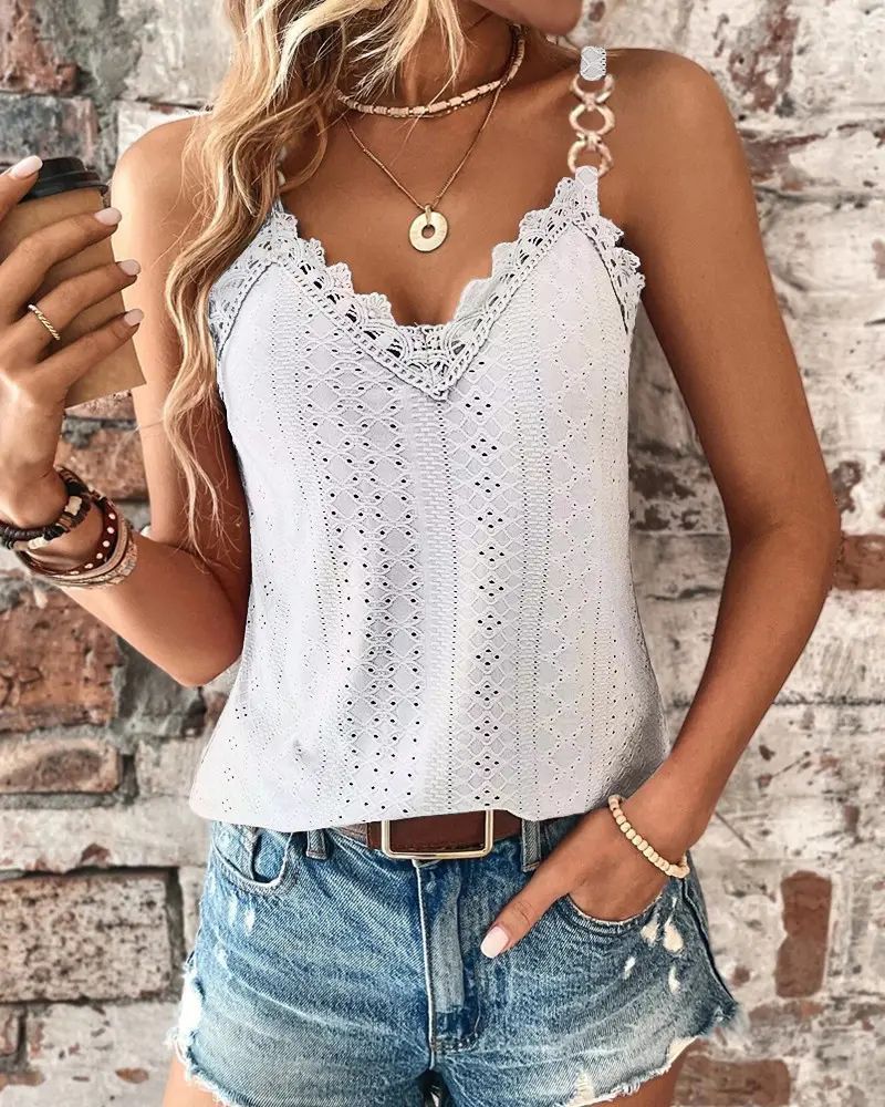 Solid Hollow Lace T-shirt Vest
