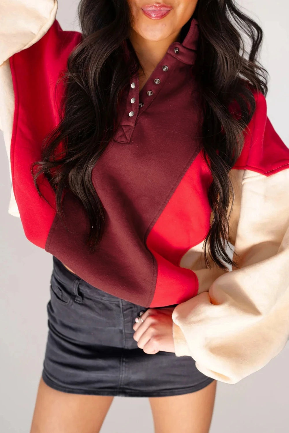Flaming Red Color Contrast Patchwork Snap Button Oversized Hoodie