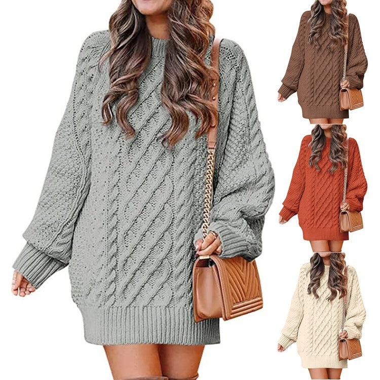Women’s Round Neck Long Sleeve Knitted Sweater Dress