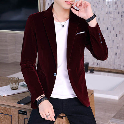 Men’s Slim Fit Corduroy Suit - Stylish Comfortable Formal Wear in a rich burgundy color.