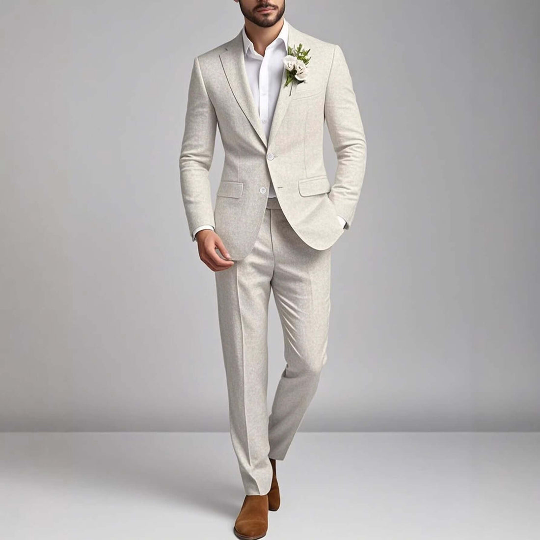 Men’s Fashionable Suits for Balls and Banquets Events in light beige with a boutonniere.