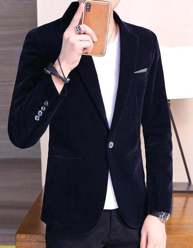 Men’s Slim Fit Corduroy Suit displayed on a model showcasing stylish and comfortable formal wear.