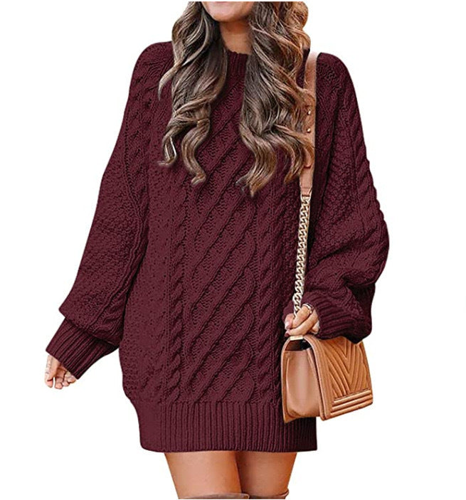Women’s Round Neck Long Sleeve Knitted Sweater Dress