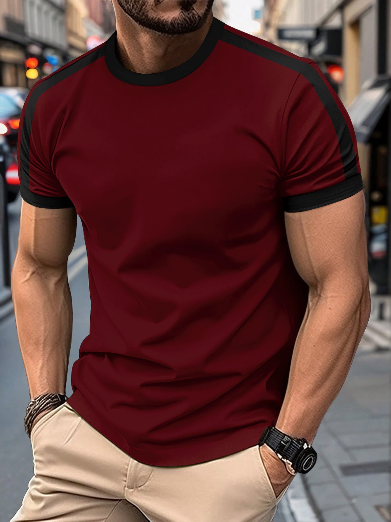 Mens Casual Short-sleeve Sports T-shirt displayed on a man in a casual outdoor setting.