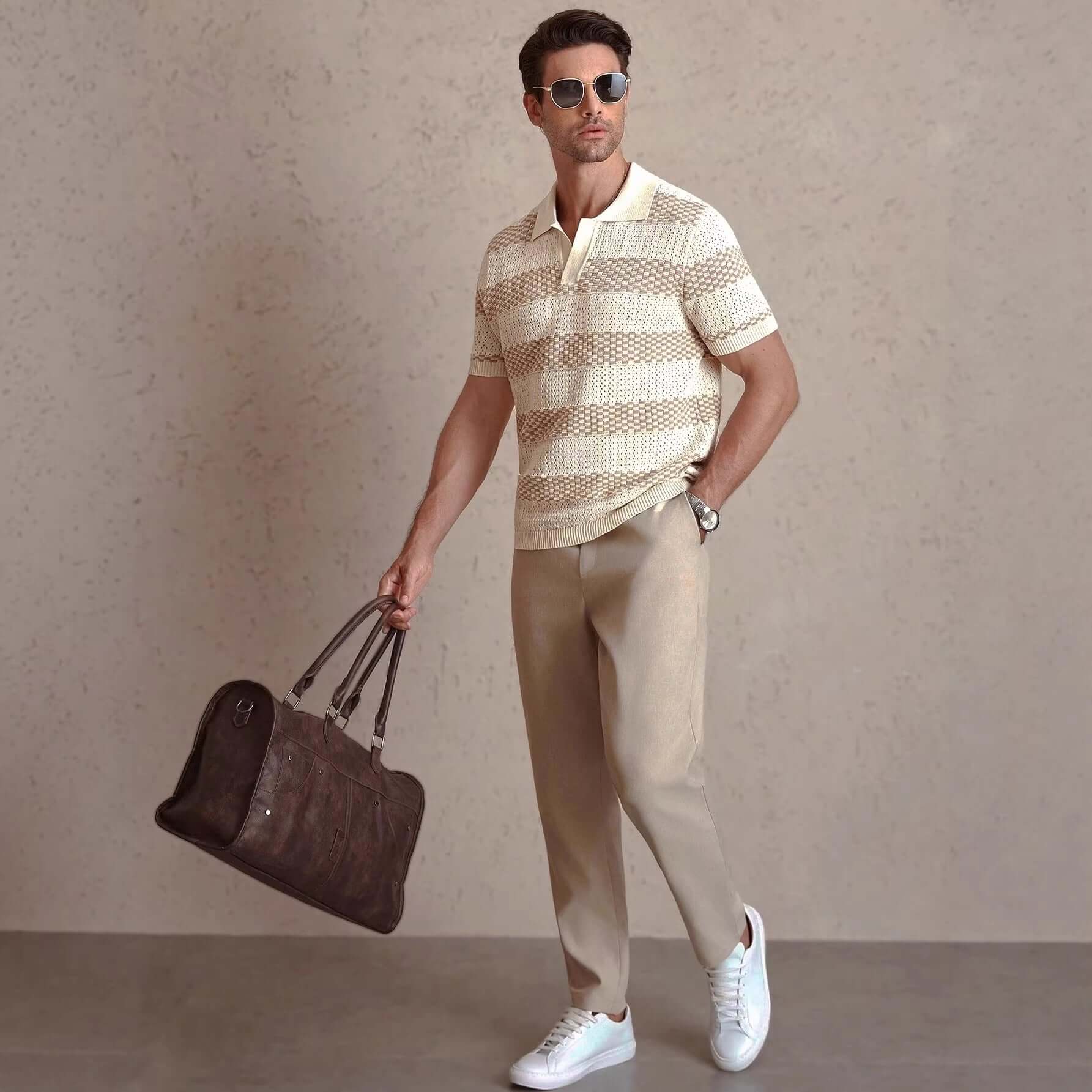 Men's Striped Knitted Short-Sleeve Polo Shirt