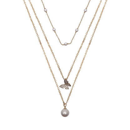 Multi-layered butterfly pearl necklace