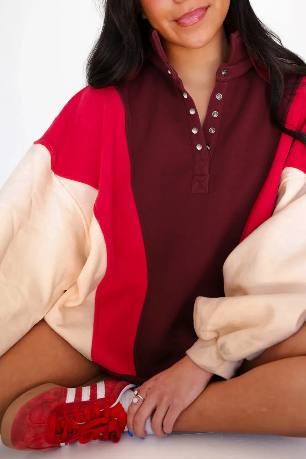 Flaming Red Color Contrast Patchwork Snap Button Oversized Hoodie