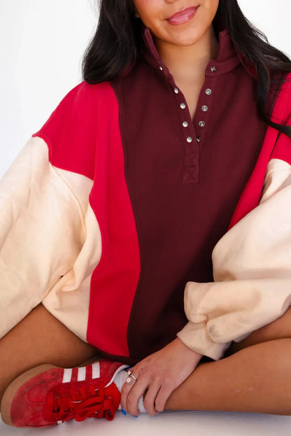 Flaming Red Color Contrast Patchwork Snap Button Oversized Hoodie