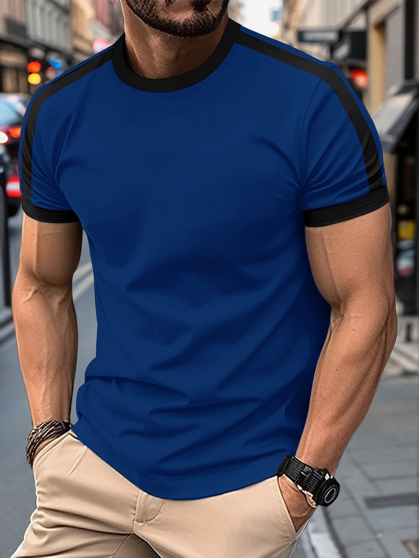 Mens Casual Short-sleeve Sports T-shirt displayed on a man in a casual outdoor setting.