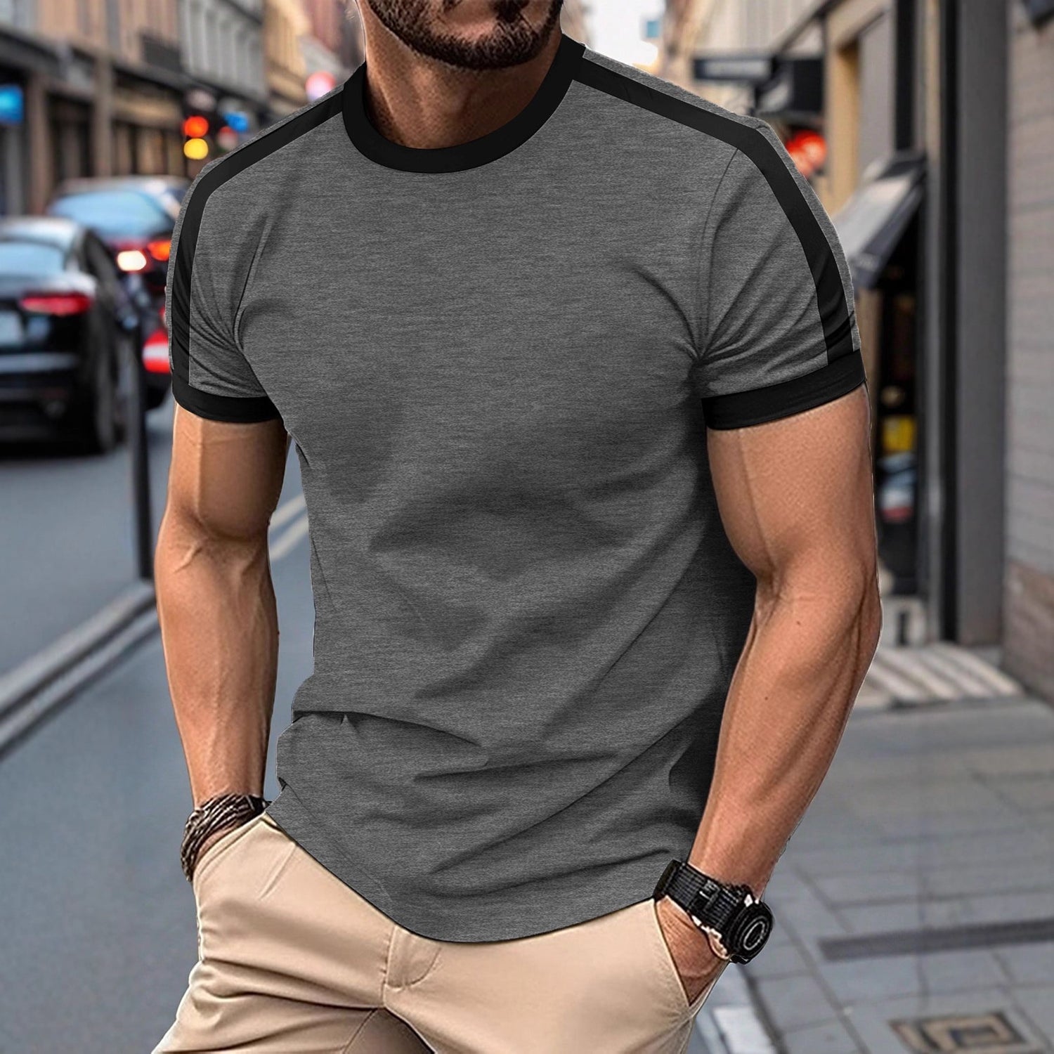 Mens Casual Short-sleeve Sports T-shirt displayed on a man in a casual outdoor setting.
