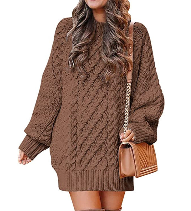 Women’s Round Neck Long Sleeve Knitted Sweater Dress