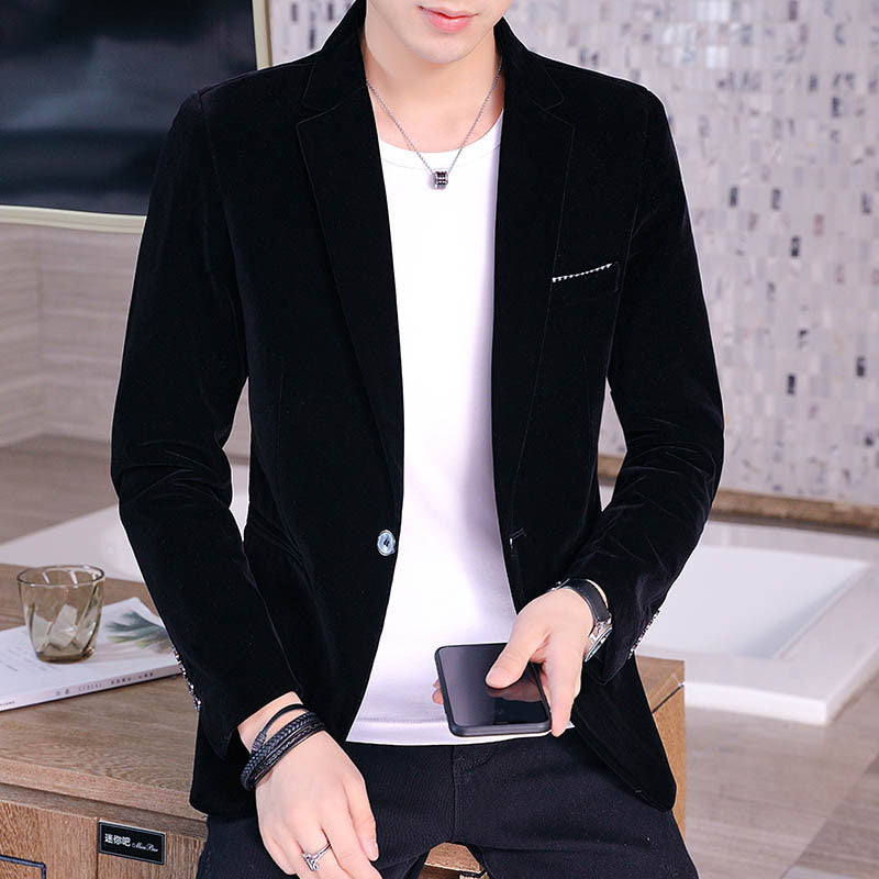 Men’s Slim Fit Corduroy Suit – Stylish Comfortable Formal Wear model wearing black blazer and white shirt.