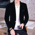 Men’s Slim Fit Corduroy Suit – Stylish Comfortable Formal Wear model wearing black blazer and white shirt.