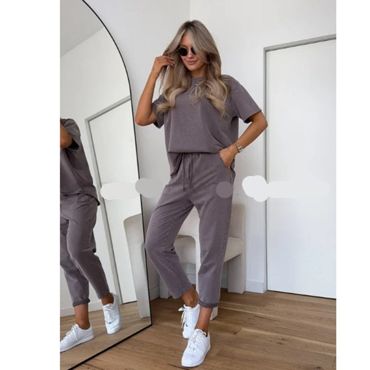 Solid-color Casual Sweatshirt Set For Women