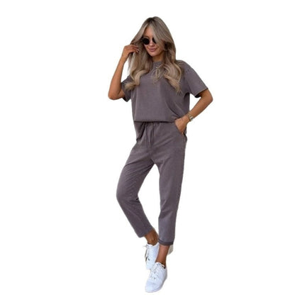Solid-color Casual Sweatshirt Set For Women