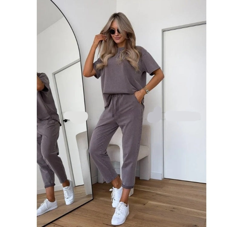 Solid-color Casual Sweatshirt Set For Women