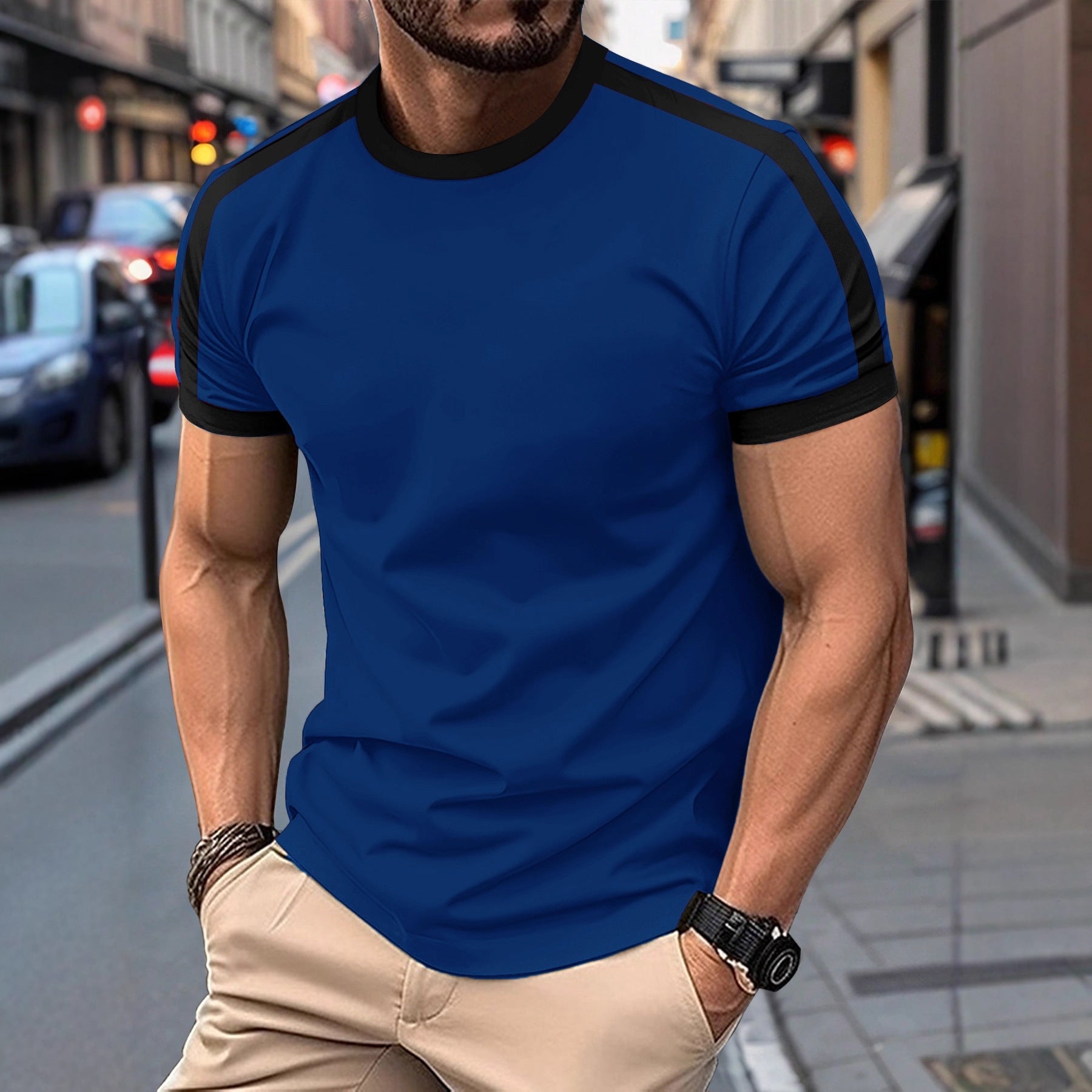 Mens Casual Short-sleeve Sports T-shirt in blue with black accents, perfect for casual outings and sports.