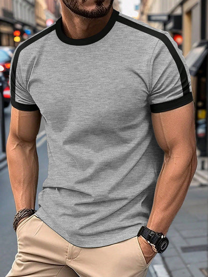 Mens Casual Short-sleeve Sports T-shirt displayed on a man in a casual outdoor setting.