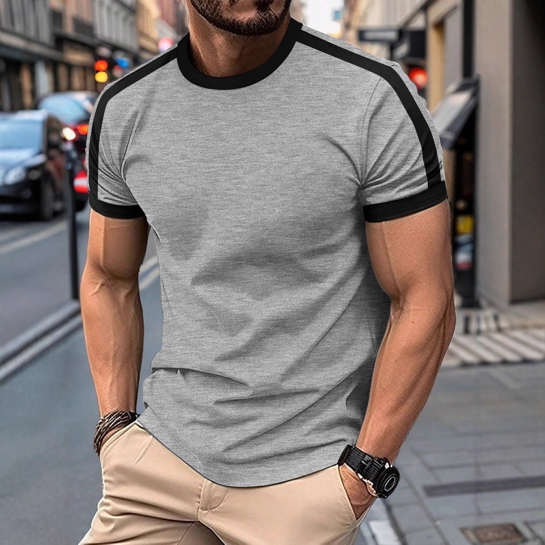 Mens Casual Short-sleeve Sports T-shirt displayed on a man in a casual outdoor setting.
