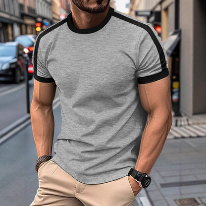 Mens Casual Short-sleeve Sports T-shirt displayed on a man in a casual outdoor setting.