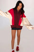 Flaming Red Color Contrast Patchwork Snap Button Oversized Hoodie