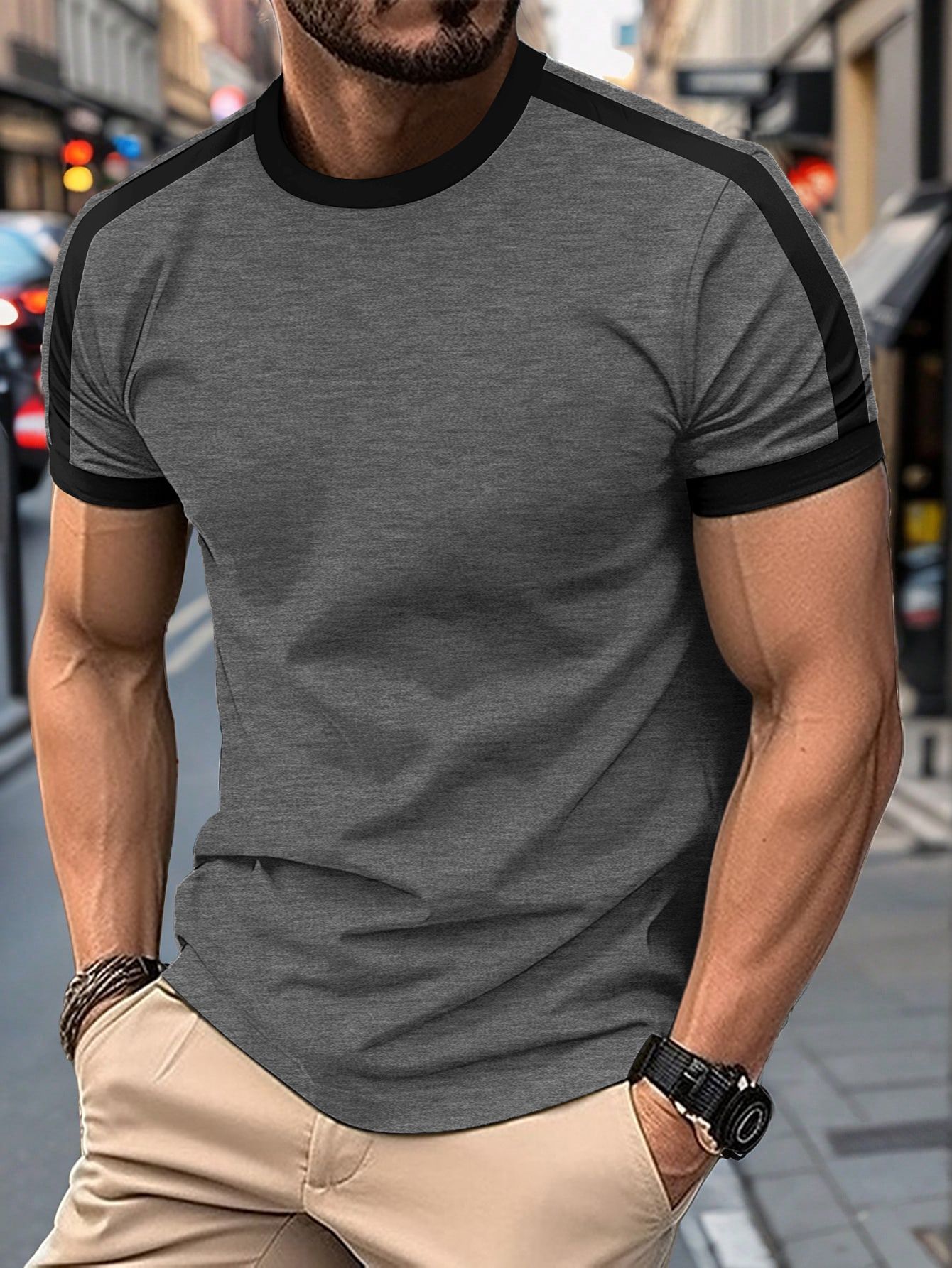 Mens Casual Short-sleeve Sports T-shirt displayed on a man in a casual outdoor setting.