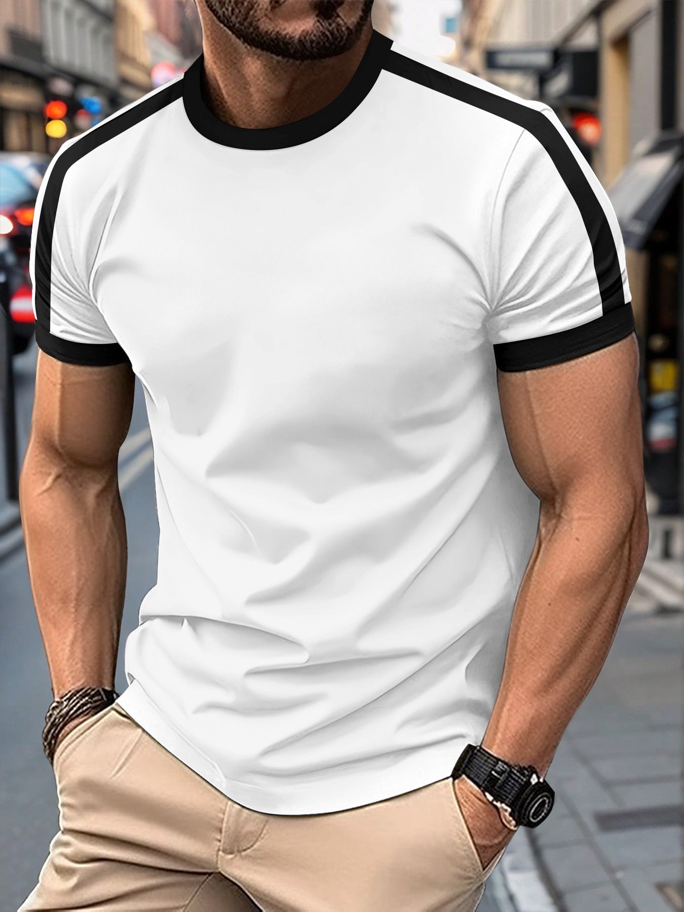 Mens Casual Short-sleeve Sports T-shirt displayed on a man in a casual outdoor setting.