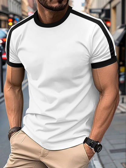 Mens Casual Short-sleeve Sports T-shirt displayed on a man in a casual outdoor setting.