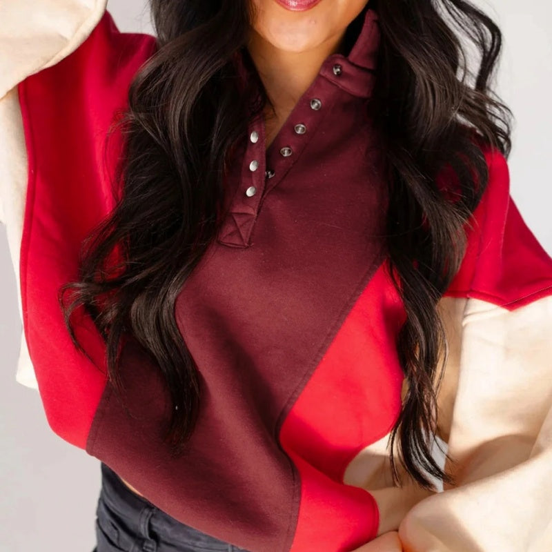 Flaming Red Color Contrast Patchwork Snap Button Oversized Hoodie