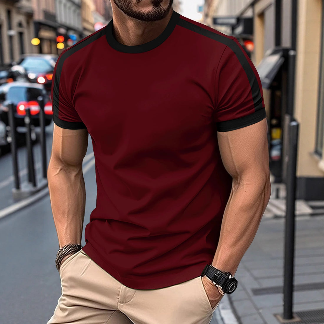 Mens Casual Short-sleeve Sports T-shirt displayed on a man in a casual outdoor setting.